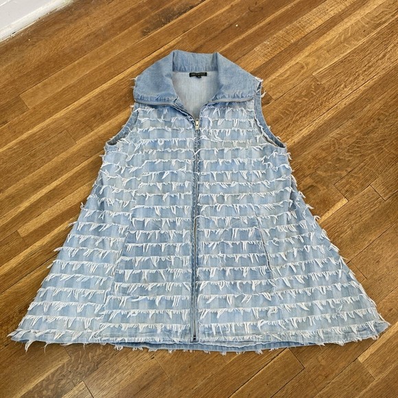 For Cynthia Denim Fringe Vest - Medium Eyelash Shaggy Hippie Boho Western Funky - Picture 3 of 13